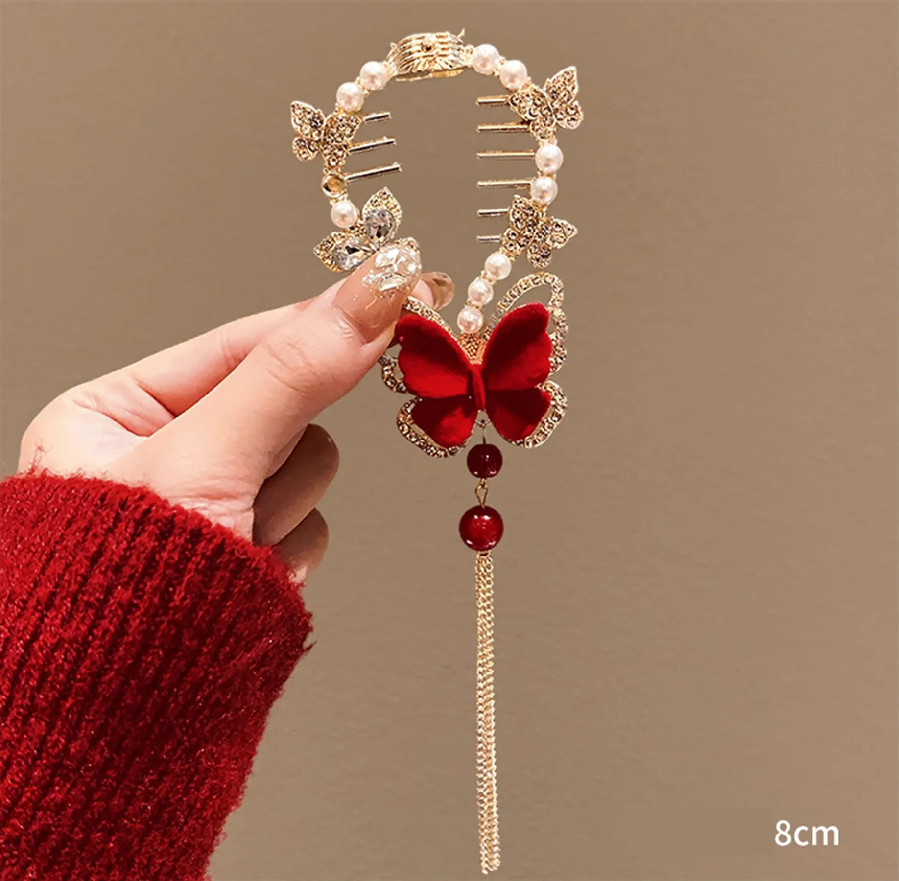 2PCS Butterfly Flower Ponytail Hair Accessories Hair Claws Clip Tassels French Style Hair Barrette Non Slip Jaw Banana for Women 041-2PCS#05