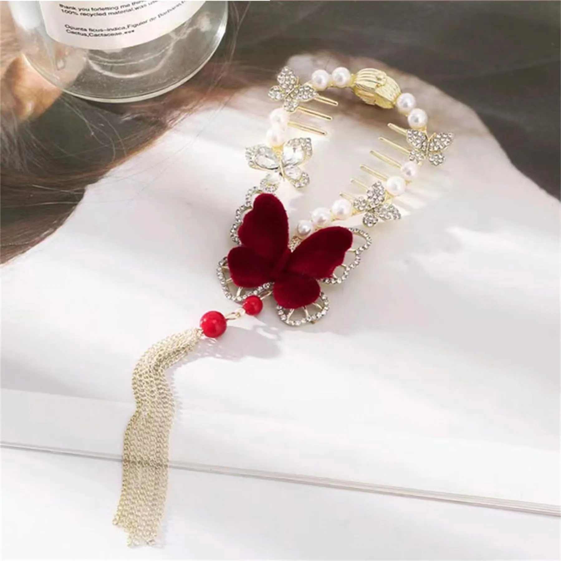 2PCS Butterfly Flower Ponytail Hair Accessories Hair Claws Clip Tassels French Style Hair Barrette Non Slip Jaw Banana for Women 041-2PCS#05