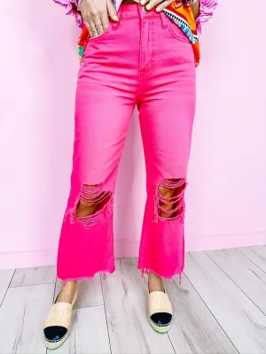 90'S VINTAGE CROP FLARE JEANS - HOT PINK