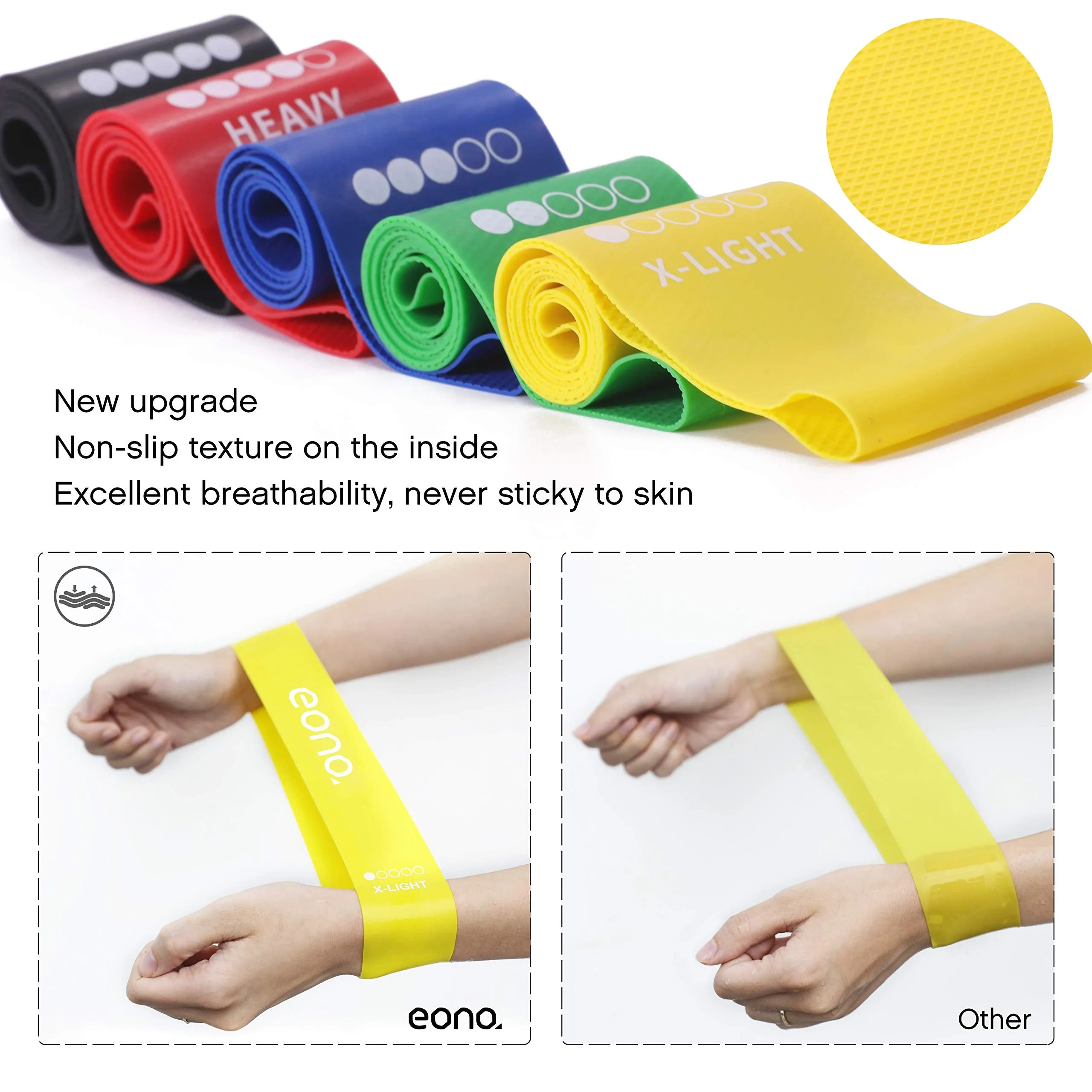 Amazon Brand - Eono - Anti-Slip Resistance Loop Bands Anti-Rolling Workout Bands for Women Set of 5 Exercise Bands for Home Gym Yoga