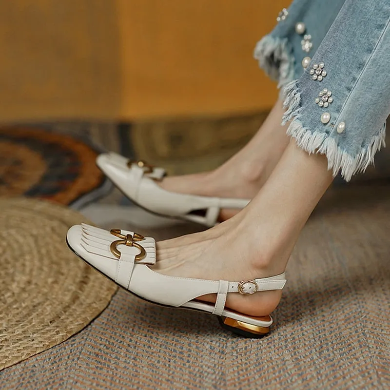 Amozae Women Sandals Metal Decoration Solid Color Square Toe Ladies Flats Roman Retro Classic Back Strap Belt Buckle Female Shoes
