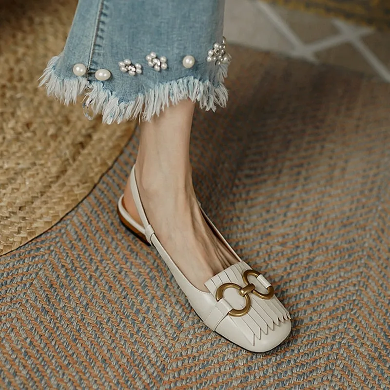 Amozae Women Sandals Metal Decoration Solid Color Square Toe Ladies Flats Roman Retro Classic Back Strap Belt Buckle Female Shoes