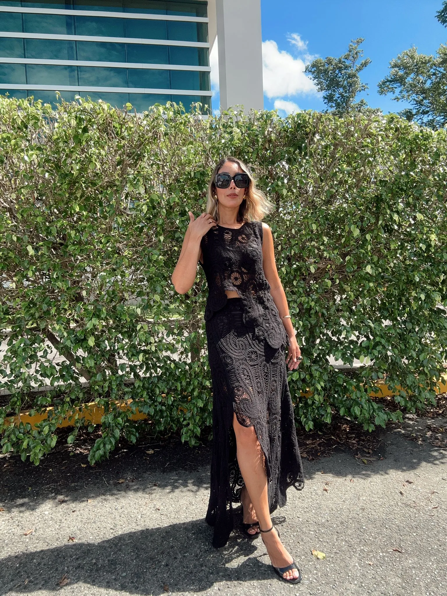 Asymmetric Scalloped Crochet Top And Skirt Set