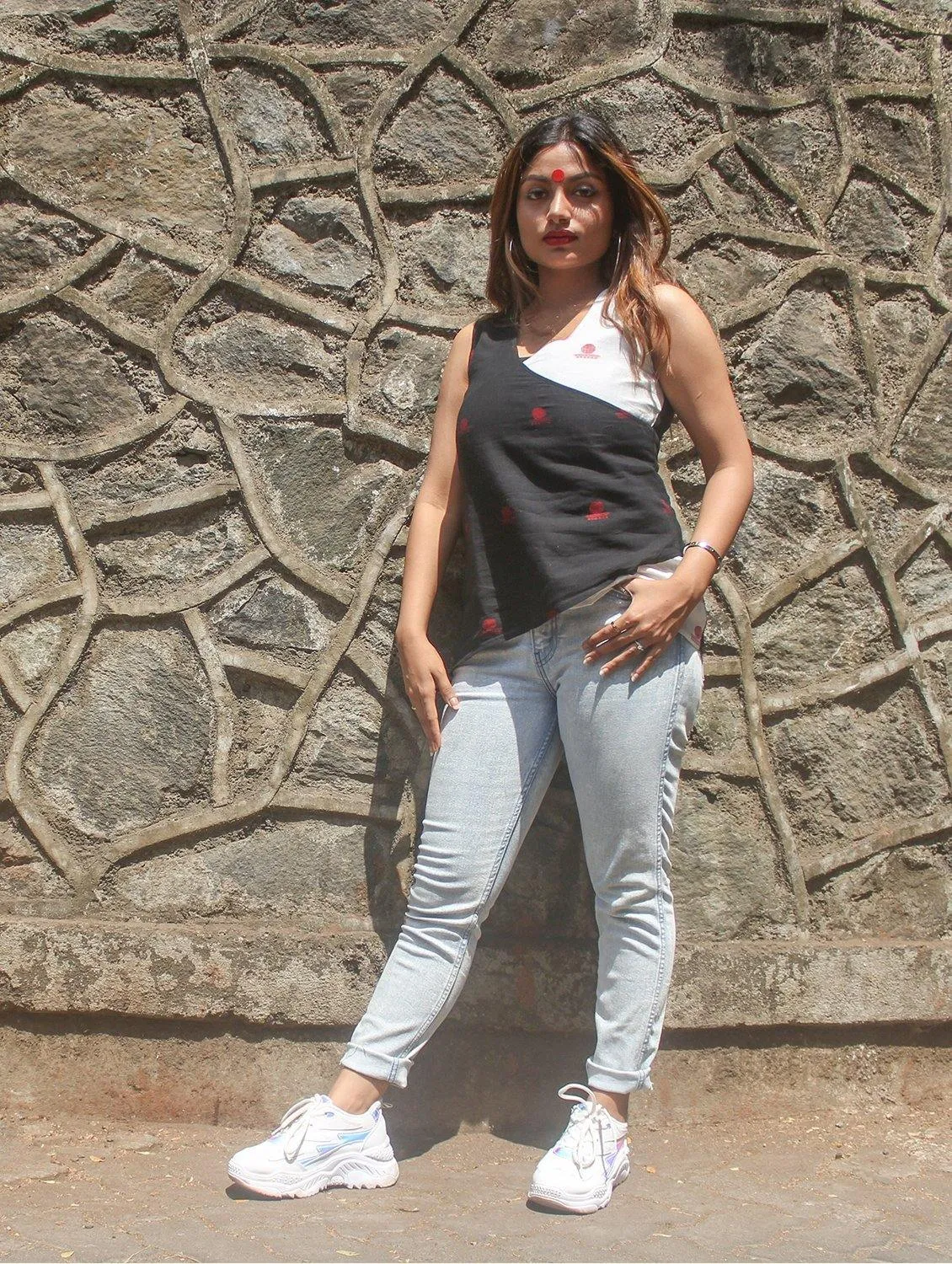 Black And White Overlap Jamdani Top