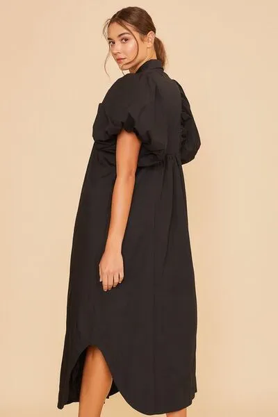 Black Smocked Puff Sleeve Midi Dress