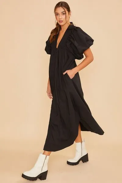 Black Smocked Puff Sleeve Midi Dress