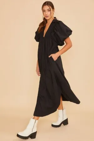 Black Smocked Puff Sleeve Midi Dress