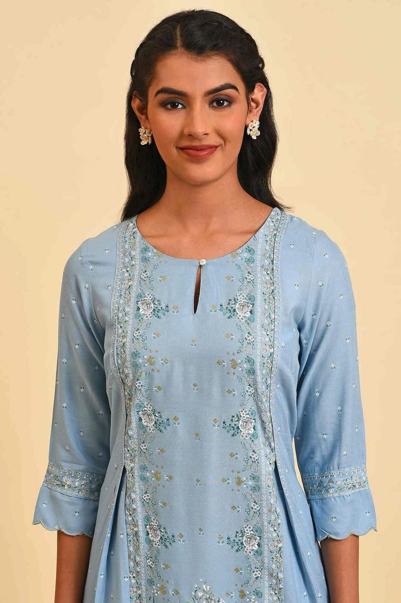 Blue Glitter Printed Plus Size A-Line kurta