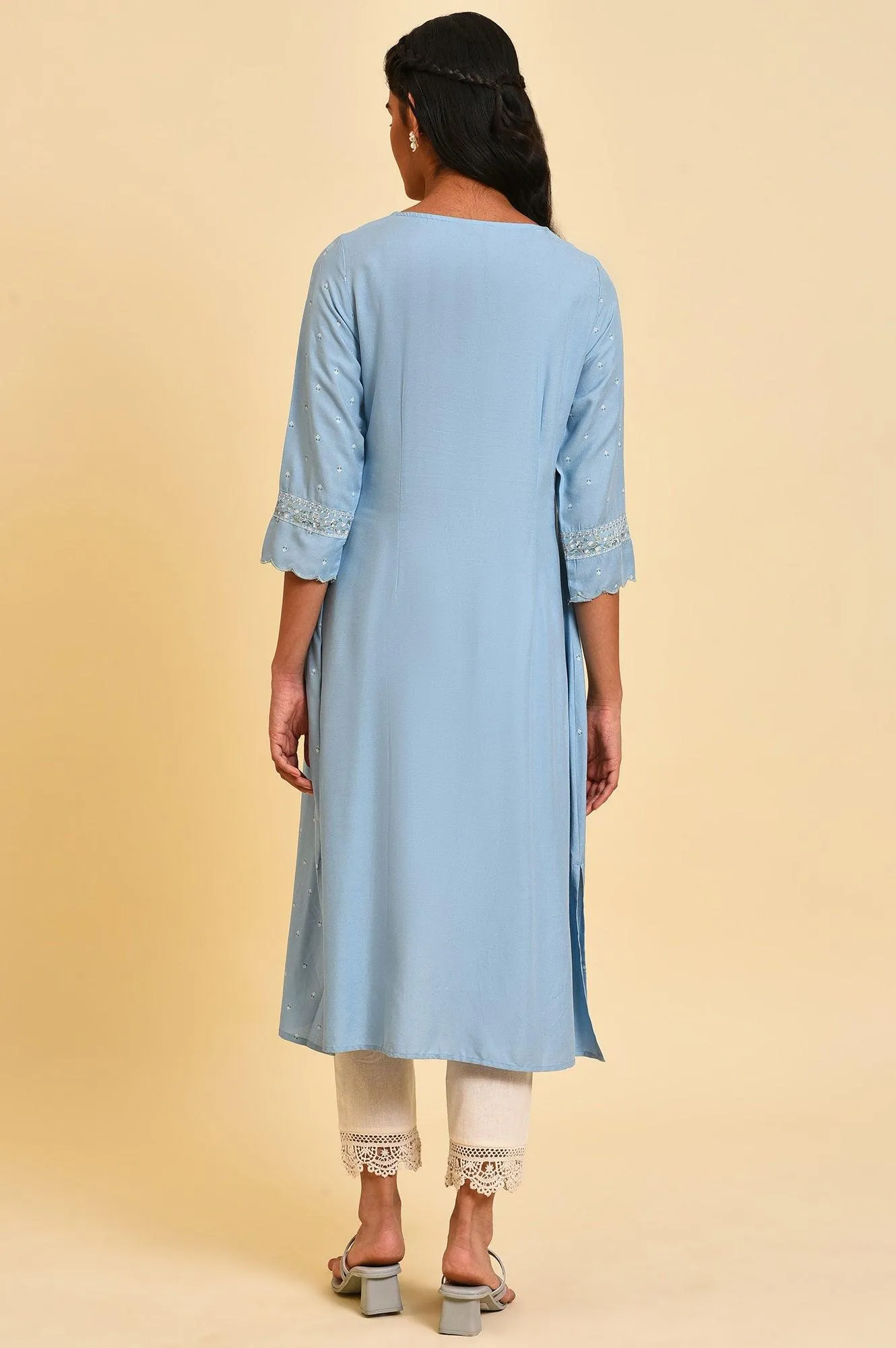 Blue Glitter Printed Plus Size A-Line kurta
