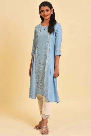 Blue Glitter Printed Plus Size A-Line kurta