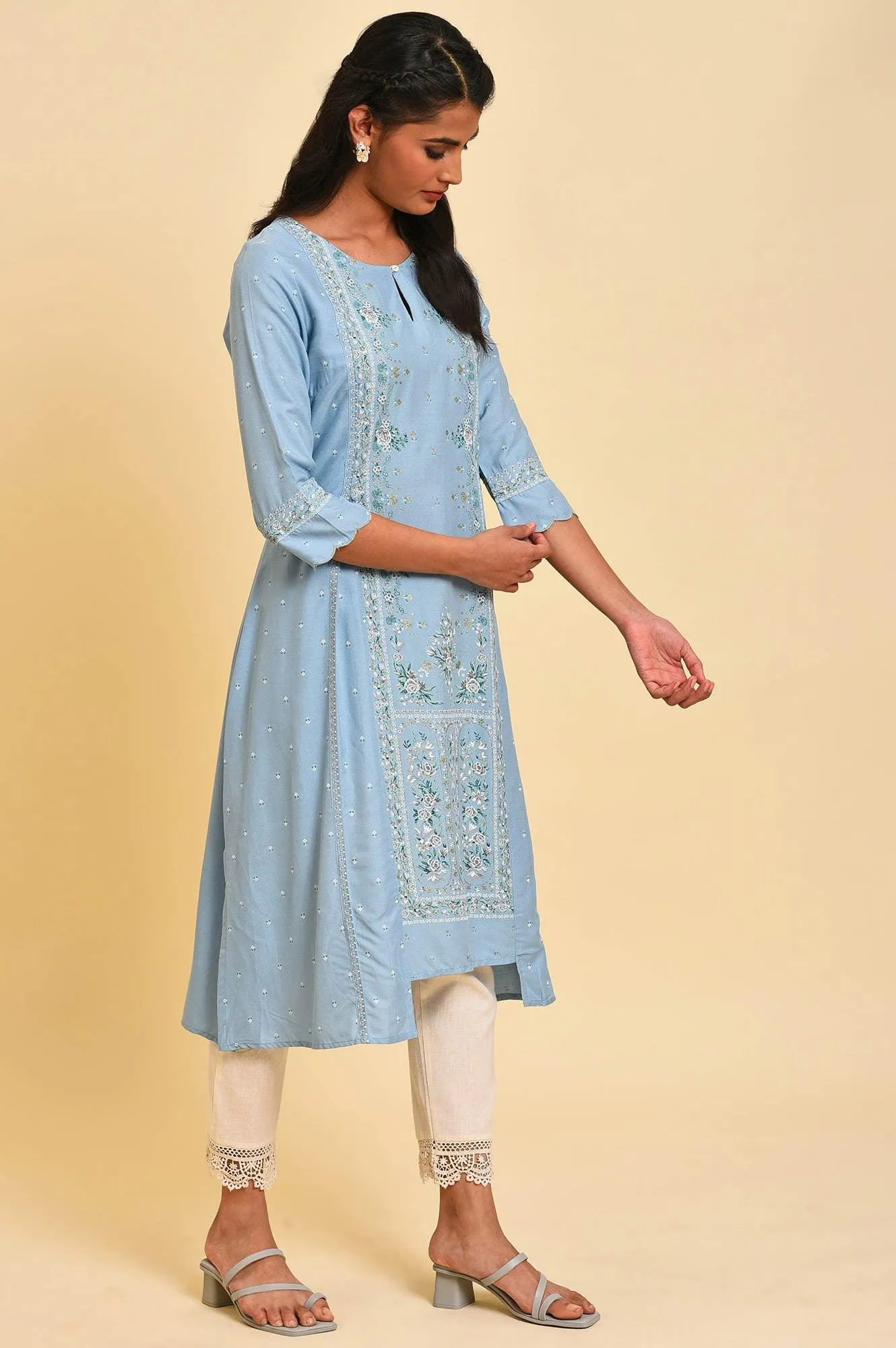 Blue Glitter Printed Plus Size A-Line kurta