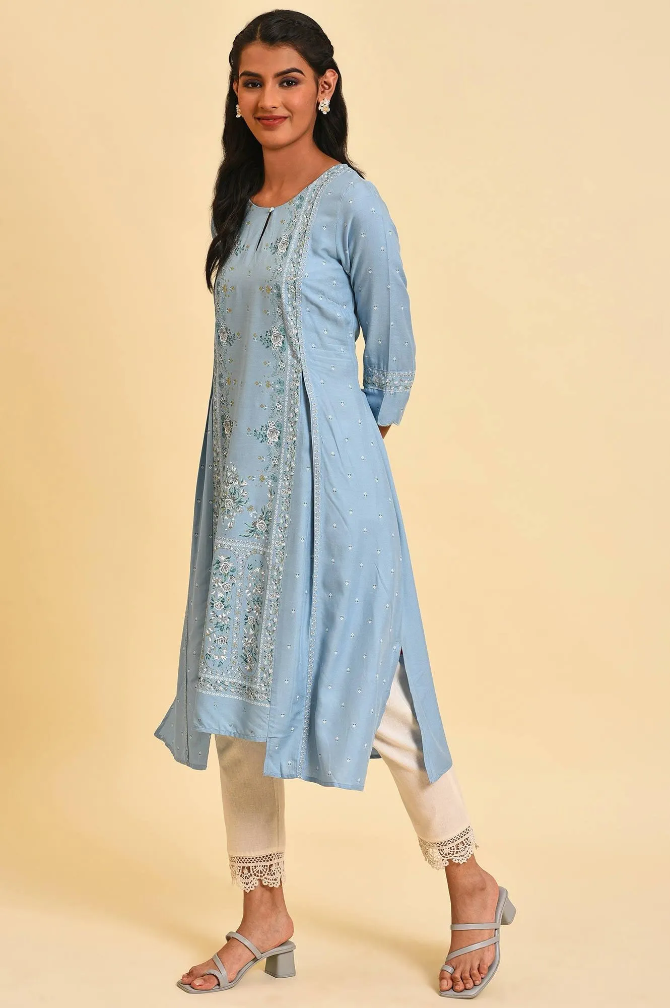 Blue Glitter Printed Plus Size A-Line kurta