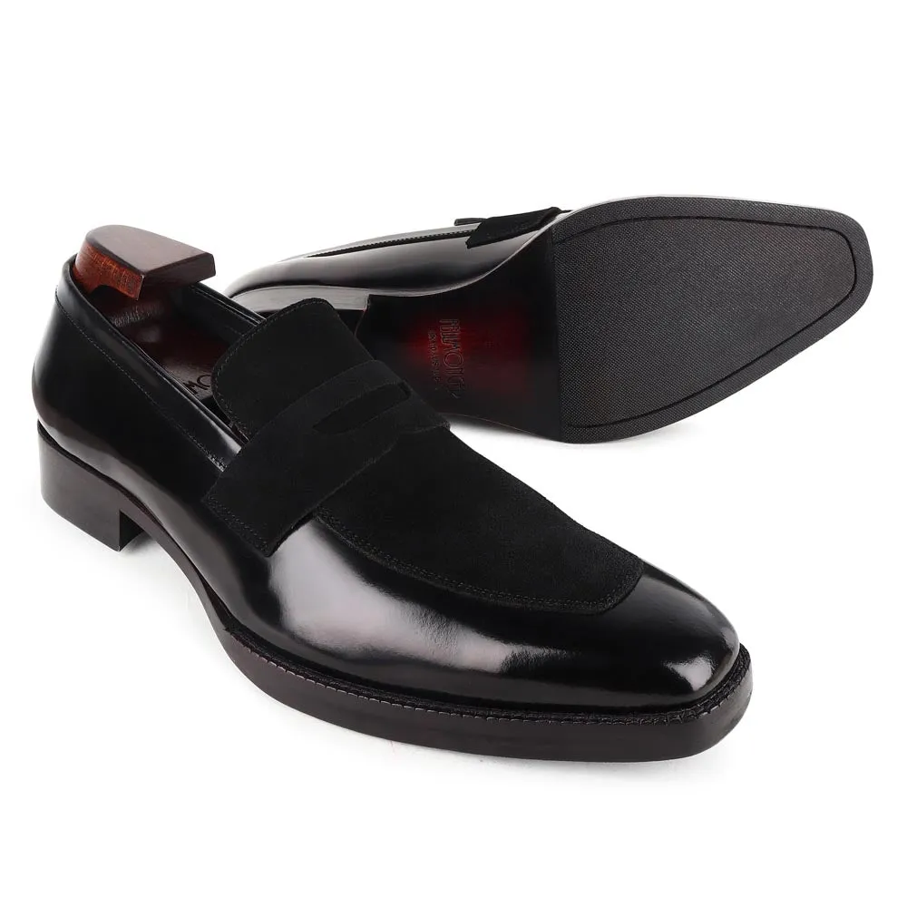 Brushed Black Square Toe Suede Detail Penny Loafers
