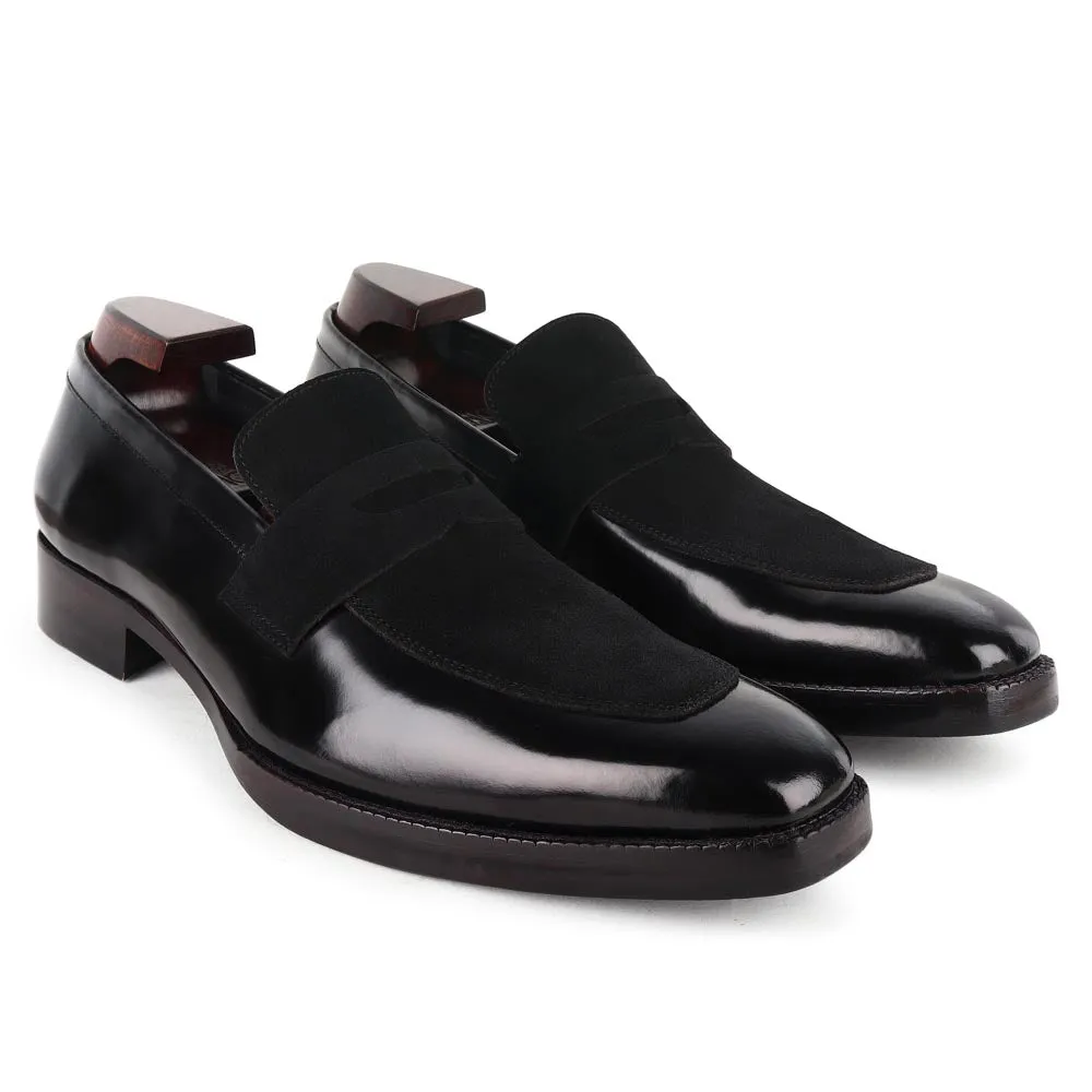 Brushed Black Square Toe Suede Detail Penny Loafers