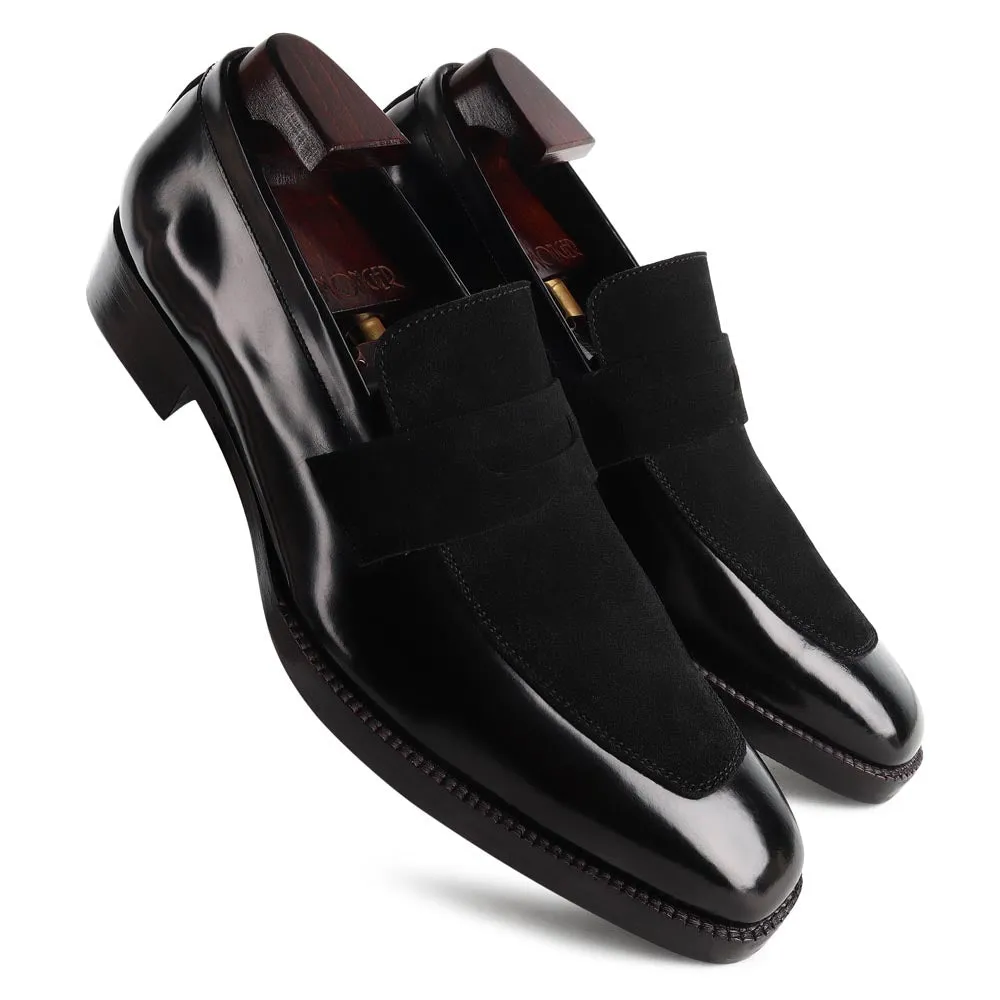 Brushed Black Square Toe Suede Detail Penny Loafers