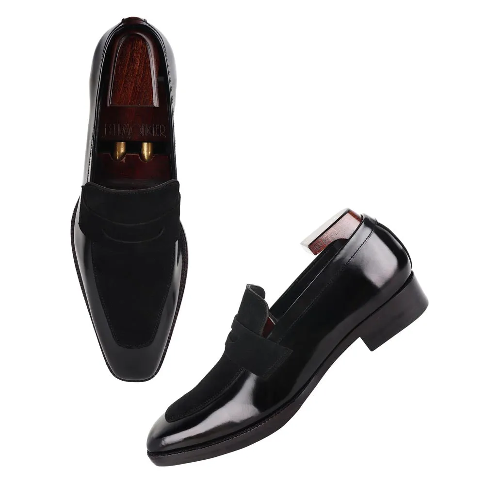 Brushed Black Square Toe Suede Detail Penny Loafers