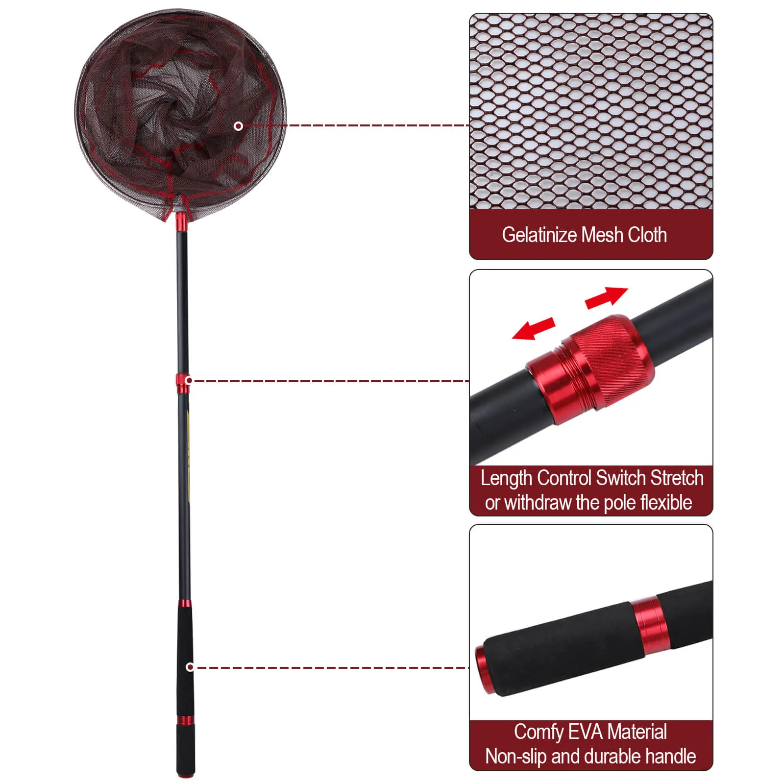 Carbon Fishing Landing Net Telescopic Fiber Pole w/ Non-Slip Handle
