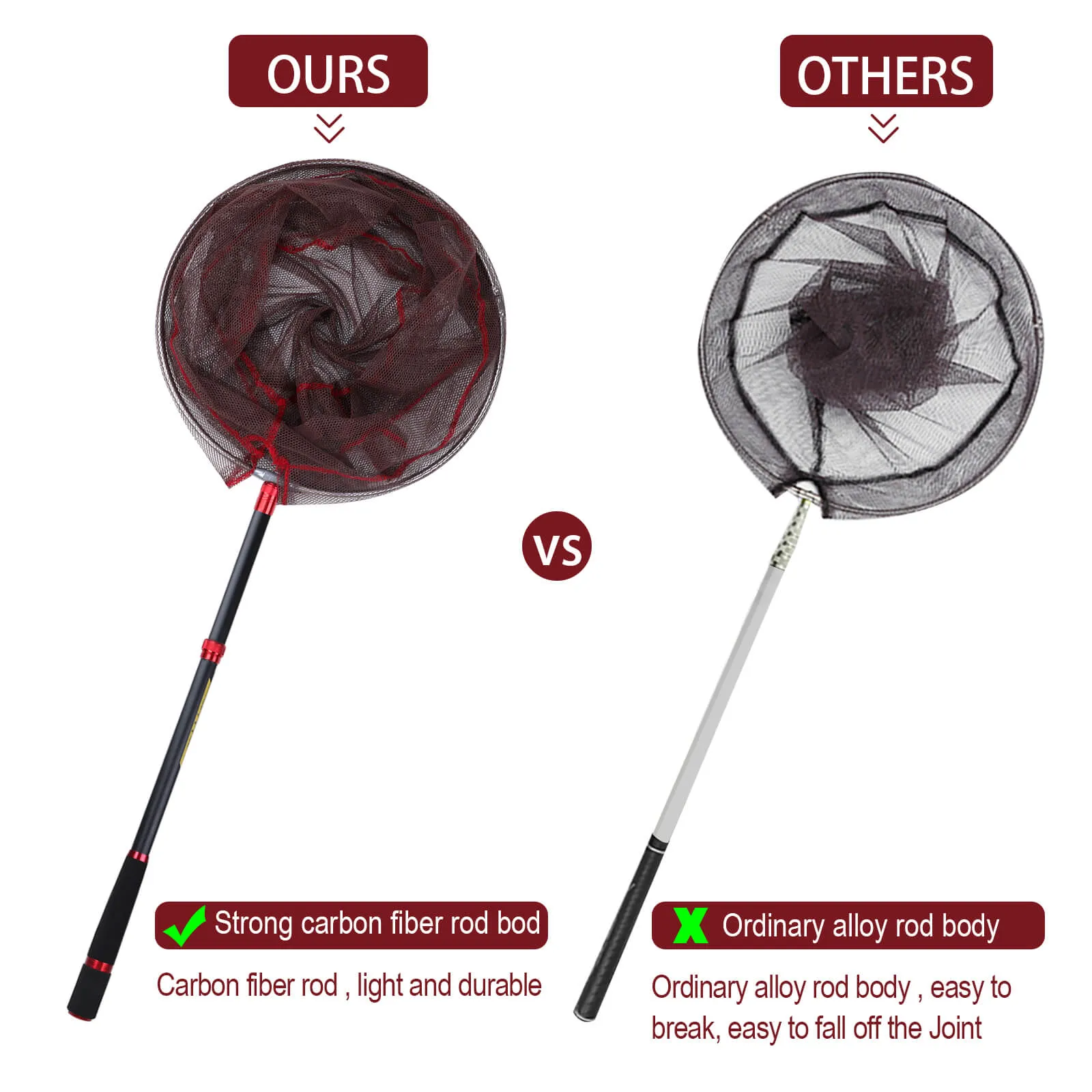 Carbon Fishing Landing Net Telescopic Fiber Pole w/ Non-Slip Handle