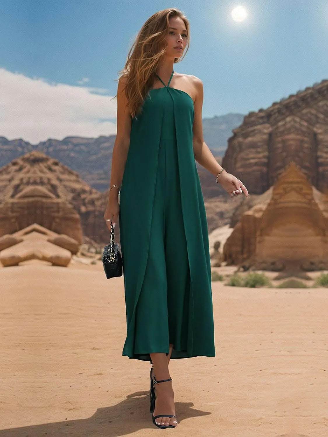 Chic sheer halter wide leg jumpsuit