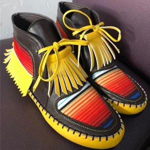 Chicvane New Gradient Colorful Block Tassels Slip-On Flat Heel Ankle Boots For Women