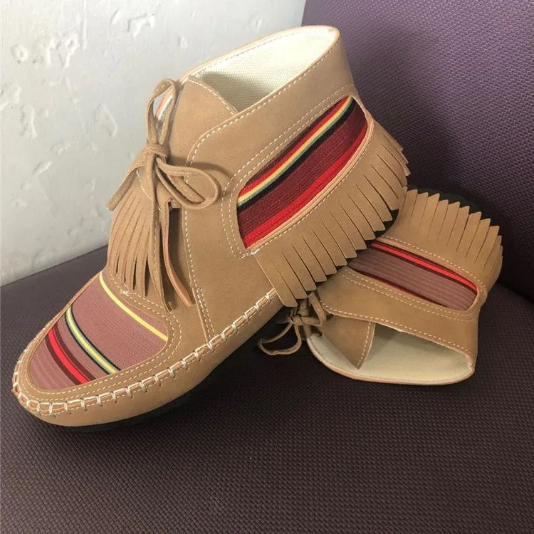 Chicvane New Gradient Colorful Block Tassels Slip-On Flat Heel Ankle Boots For Women
