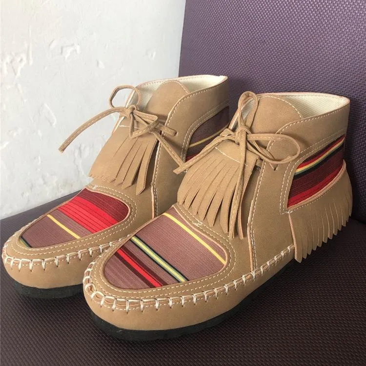 Chicvane New Gradient Colorful Block Tassels Slip-On Flat Heel Ankle Boots For Women