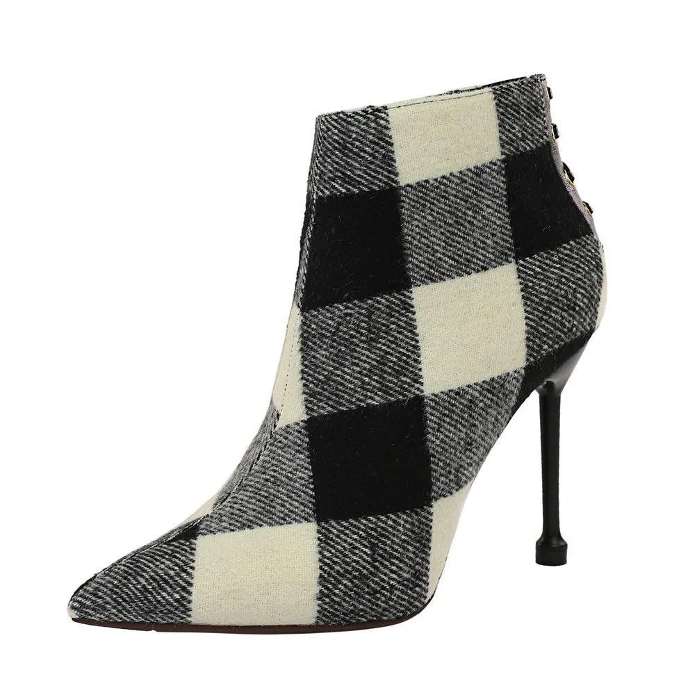 Chicvane Womens Plaid Printed Pointed Toe Stiletto Heel Ankle Boots