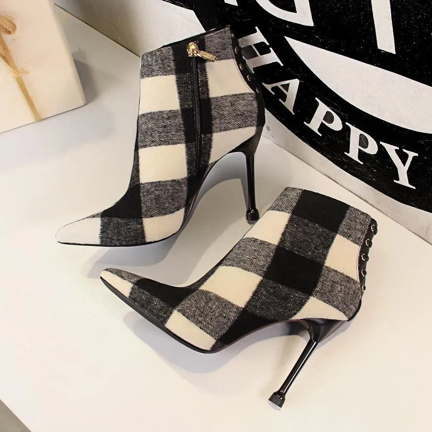 Chicvane Womens Plaid Printed Pointed Toe Stiletto Heel Ankle Boots