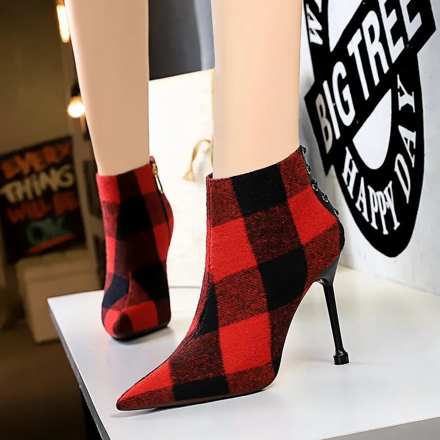 Chicvane Womens Plaid Printed Pointed Toe Stiletto Heel Ankle Boots