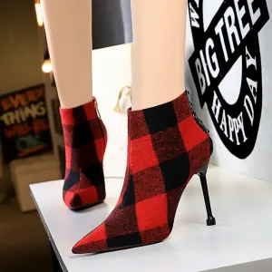 Chicvane Womens Plaid Printed Pointed Toe Stiletto Heel Ankle Boots