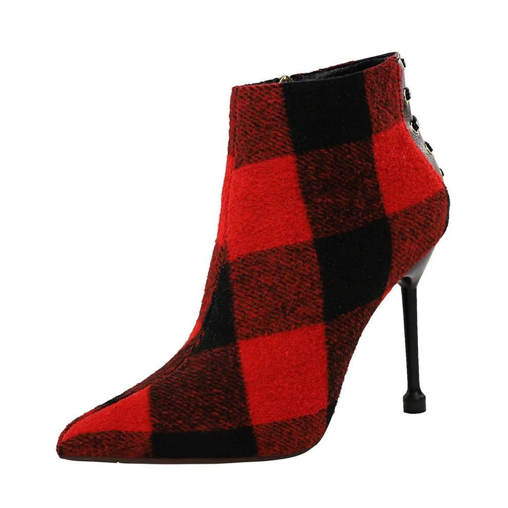 Chicvane Womens Plaid Printed Pointed Toe Stiletto Heel Ankle Boots