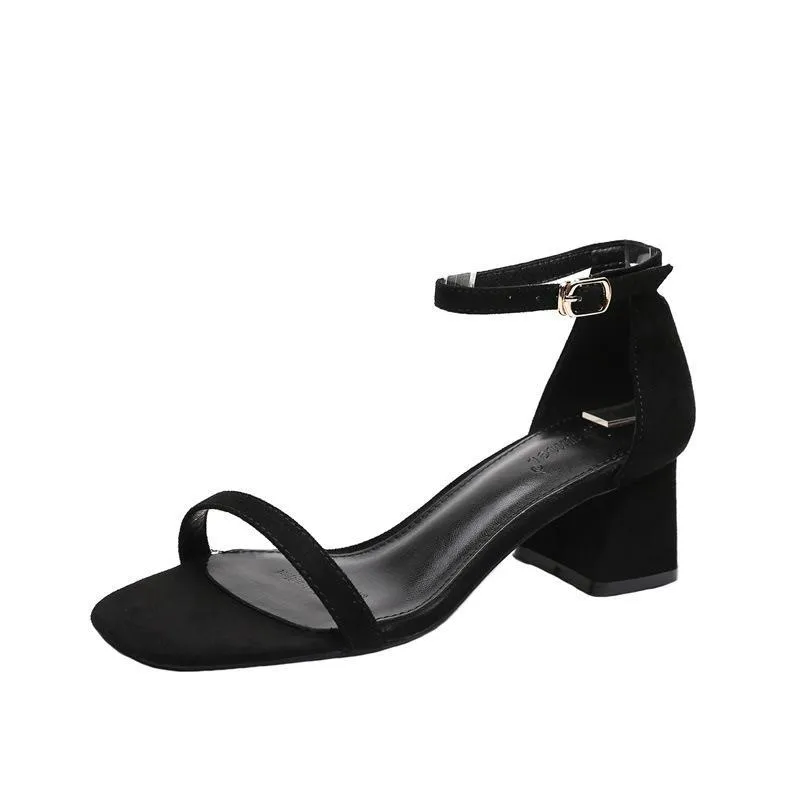 Chicvane Womens Suede Ankle Buckle Closure Peep Toe Square Mid Heel Dress Sandals