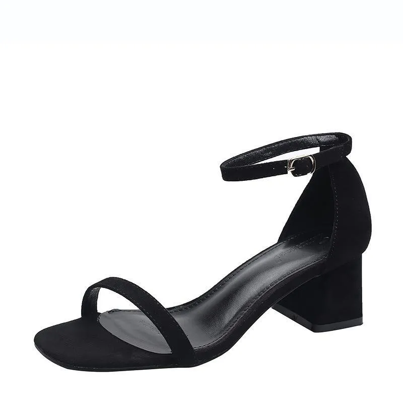 Chicvane Womens Suede Ankle Buckle Closure Peep Toe Square Mid Heel Dress Sandals
