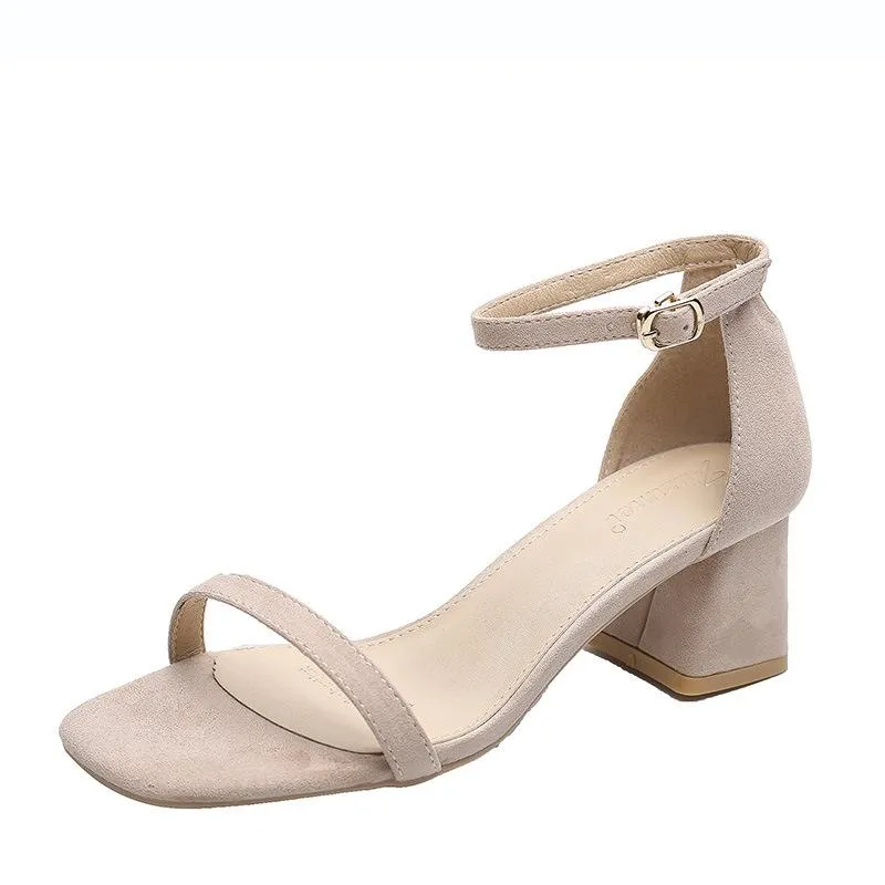 Chicvane Womens Suede Ankle Buckle Closure Peep Toe Square Mid Heel Dress Sandals