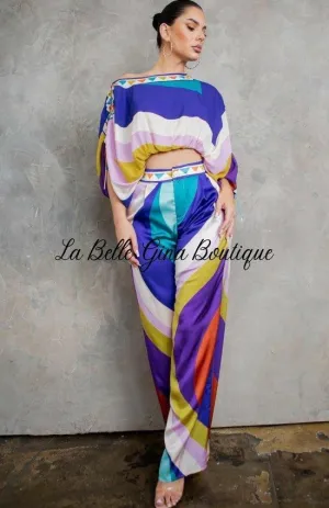 Clarette Cropped Blouse And Wide Pants Set-Purple Combo
