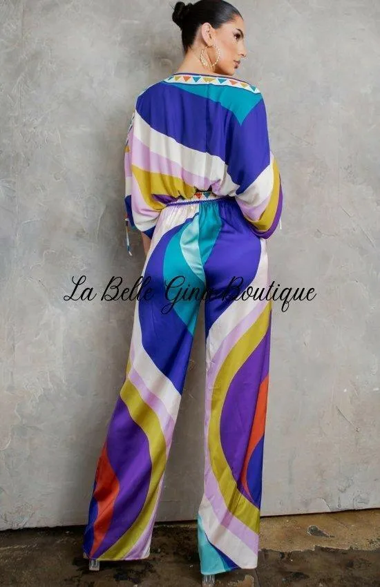 Clarette Cropped Blouse And Wide Pants Set-Purple Combo