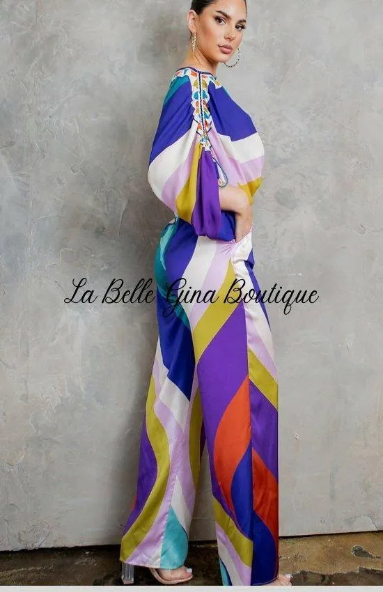 Clarette Cropped Blouse And Wide Pants Set-Purple Combo
