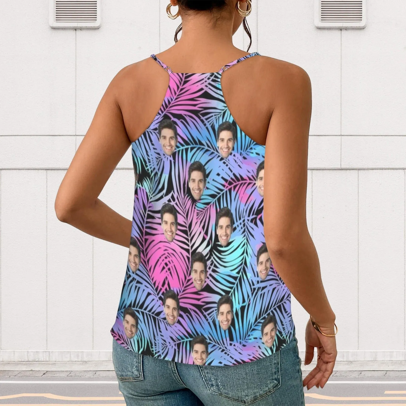 Custom Face Tropical Leaves Women's V-Neck Cami Tank Tops