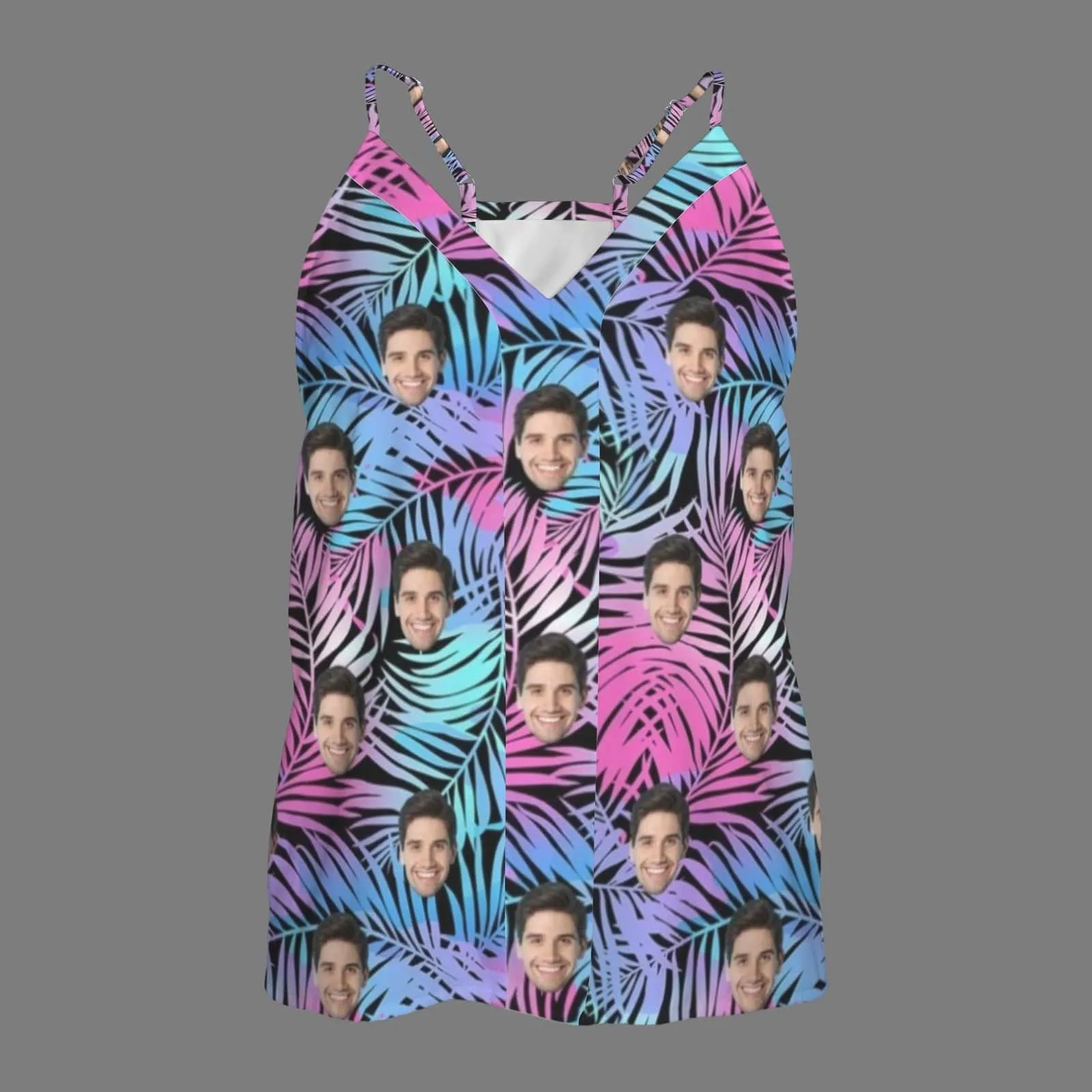 Custom Face Tropical Leaves Women's V-Neck Cami Tank Tops