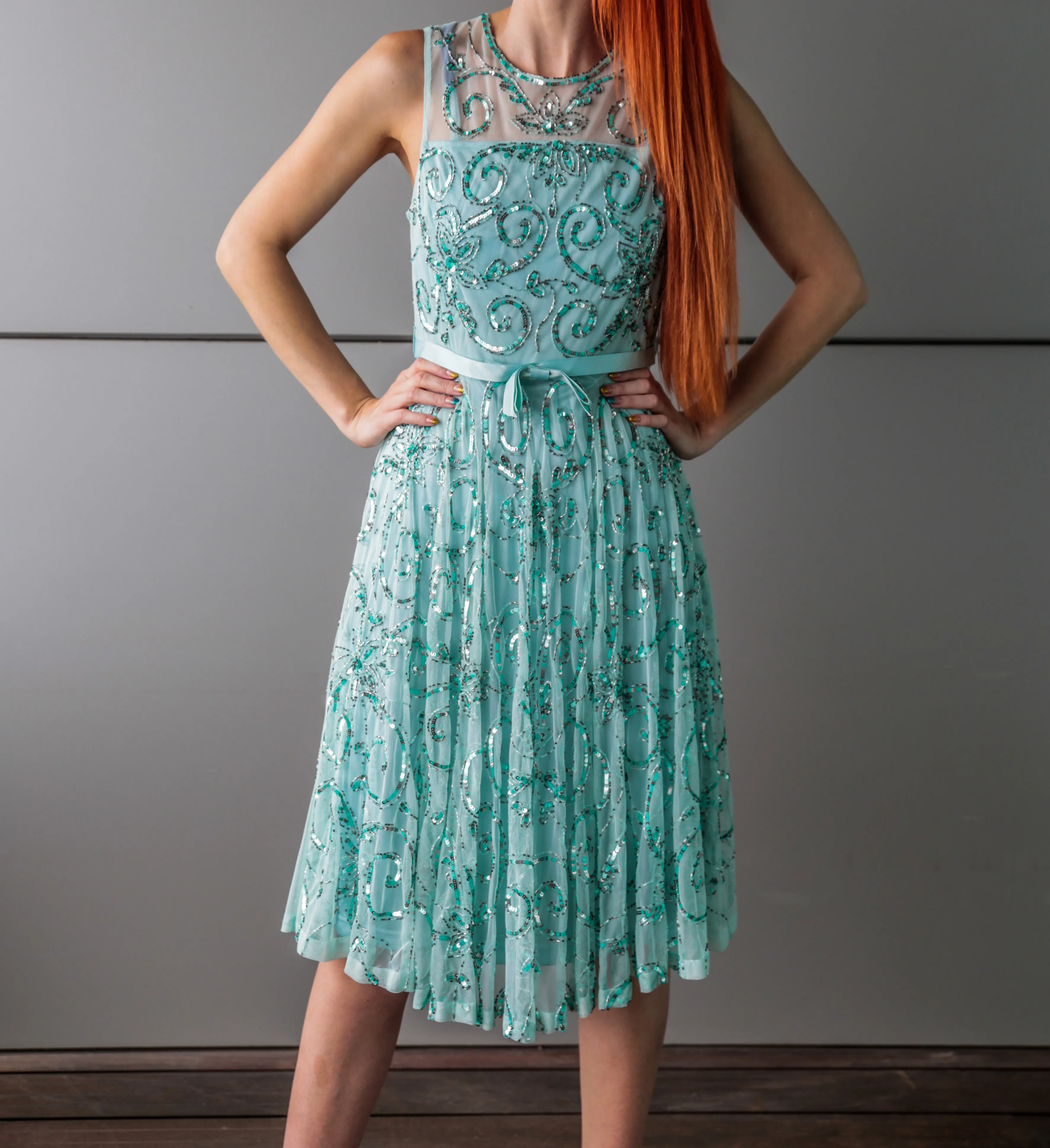 Designer Mint Sequin Midi Dress