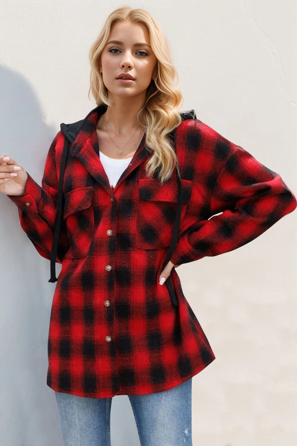 Double Take Drawstring Plaid Hooded Shacket – Casual Long Sleeve Jacket with Pockets (S-2XL)