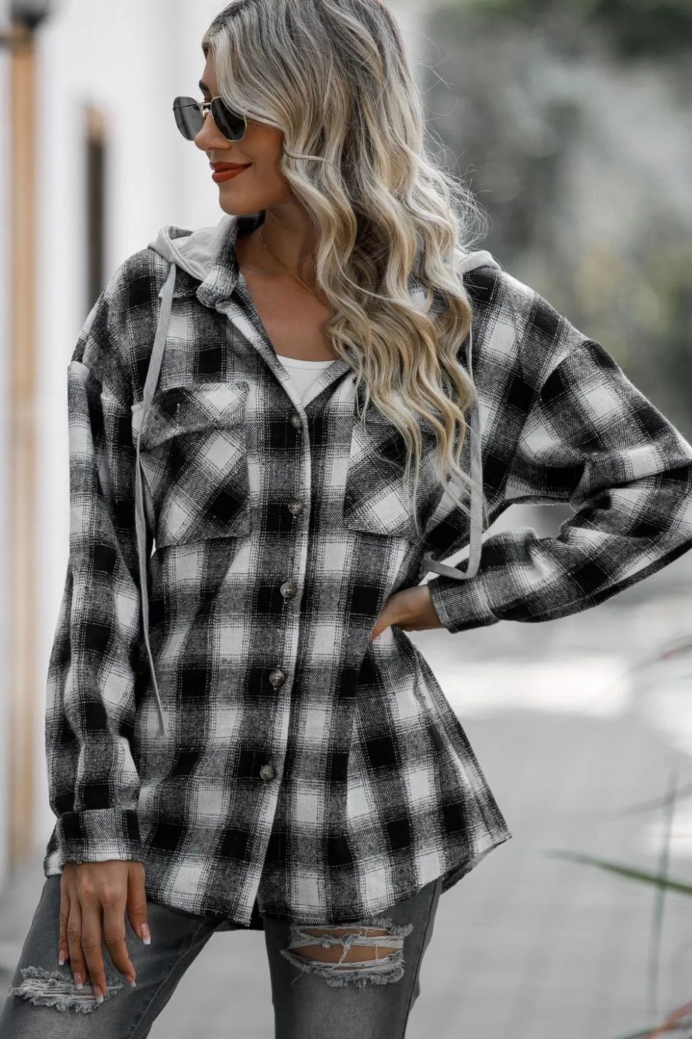 Double Take Drawstring Plaid Hooded Shacket – Casual Long Sleeve Jacket with Pockets (S-2XL)