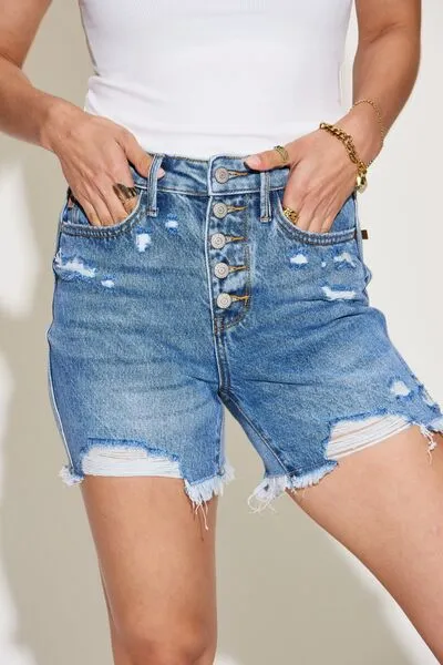 Explore More Collection - Judy Blue Full Size Ripped Button Fly Bermuda Denim Shorts