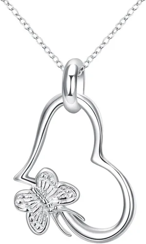 Fashion Jewelry 925 Sterling Silver Butterfly Love Heart Pendant Necklace for Women Fashion Jewelry 925 Sterling Silver Butterfly Love Heart Pendant Necklace for Women