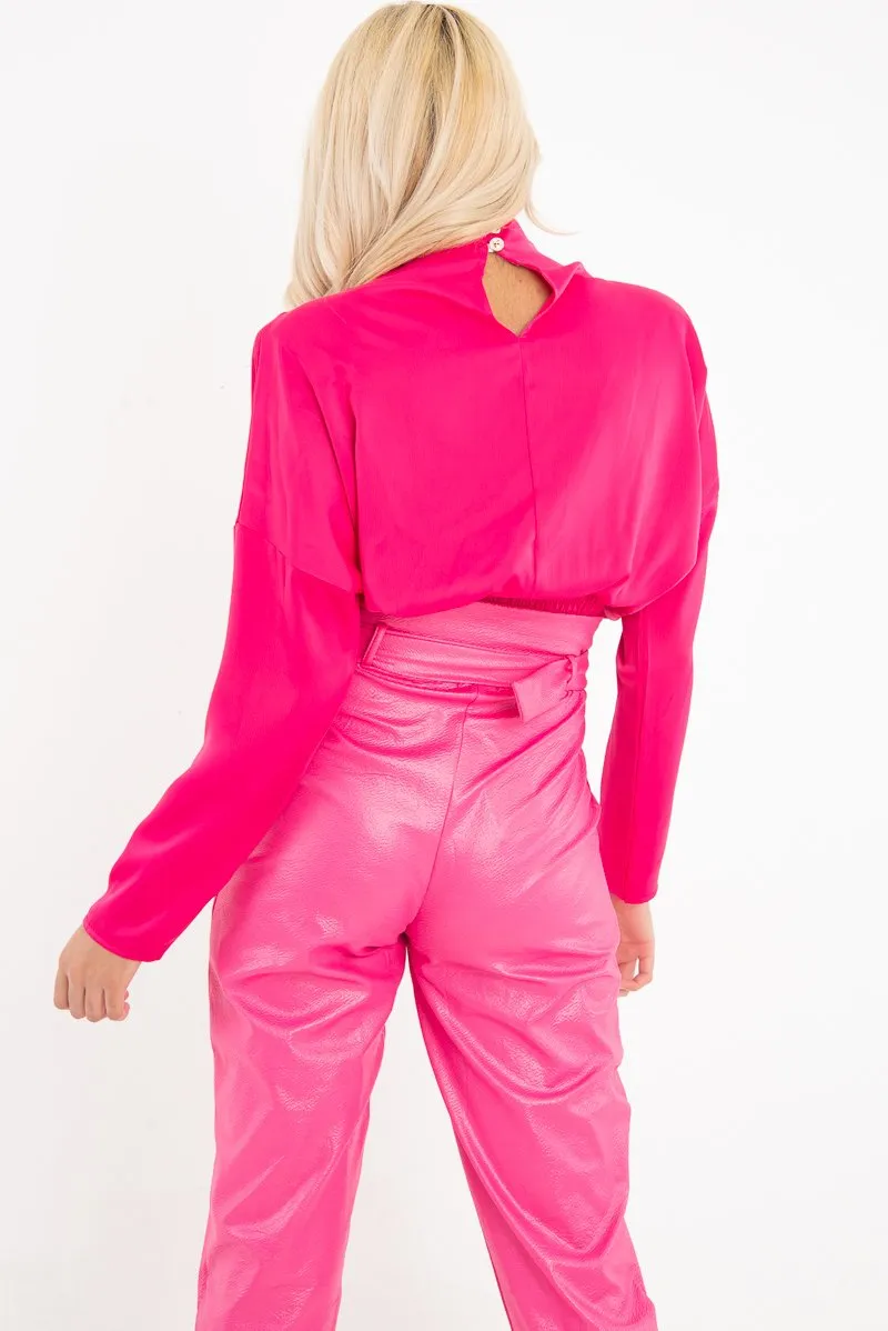 Fuchsia Satin Shoulder Pad Shirred Waist Blouse - Farida