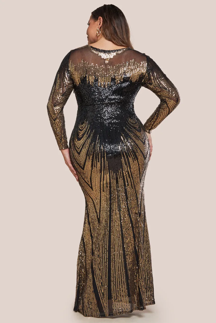 Goddiva Plus Long Sleeve Aztec Sequin Maxi Dress