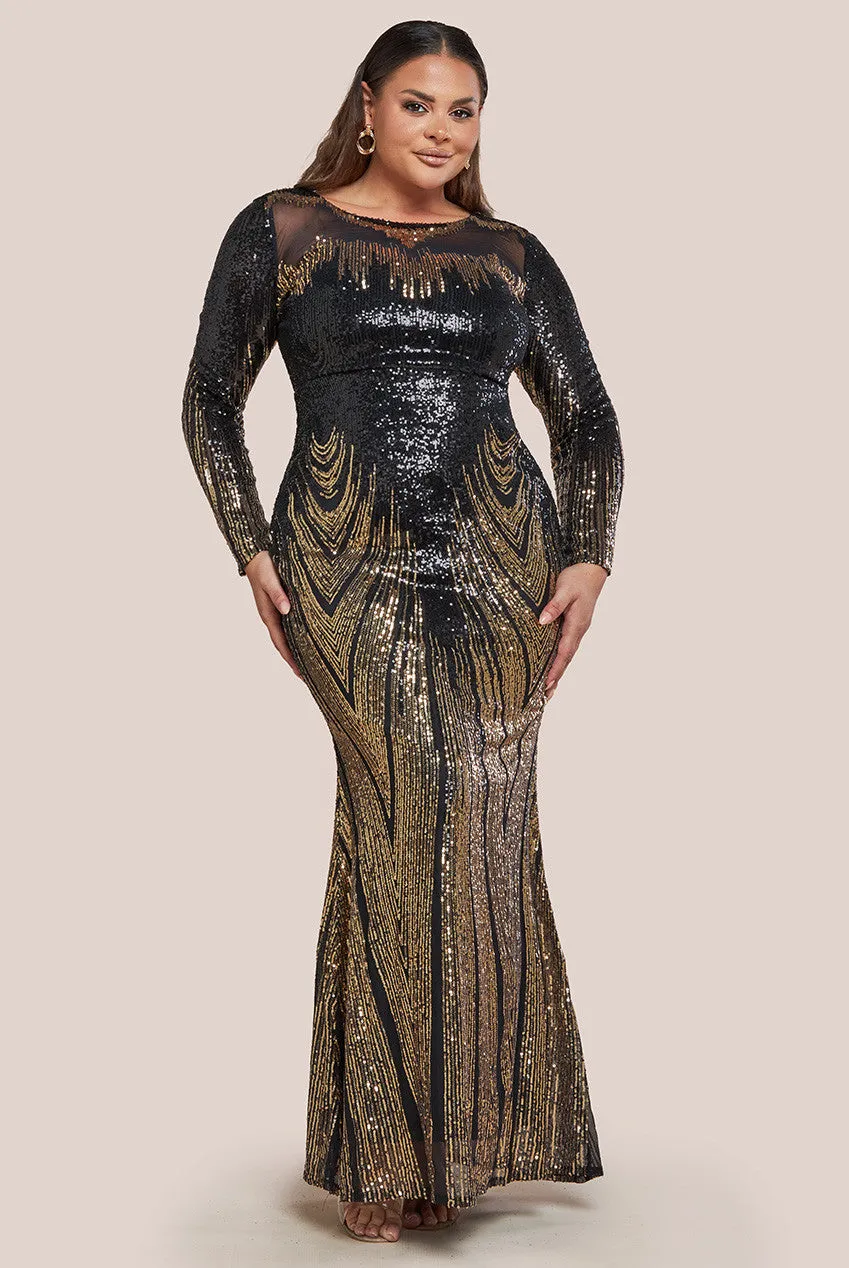Goddiva Plus Long Sleeve Aztec Sequin Maxi Dress