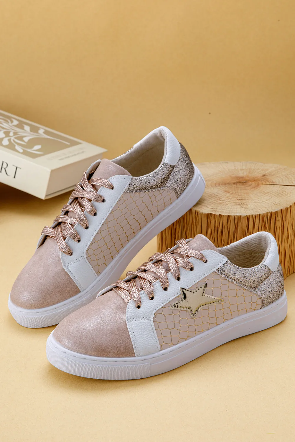 Gold Glitter Star Patchwork Leather Lace-up Sneakers