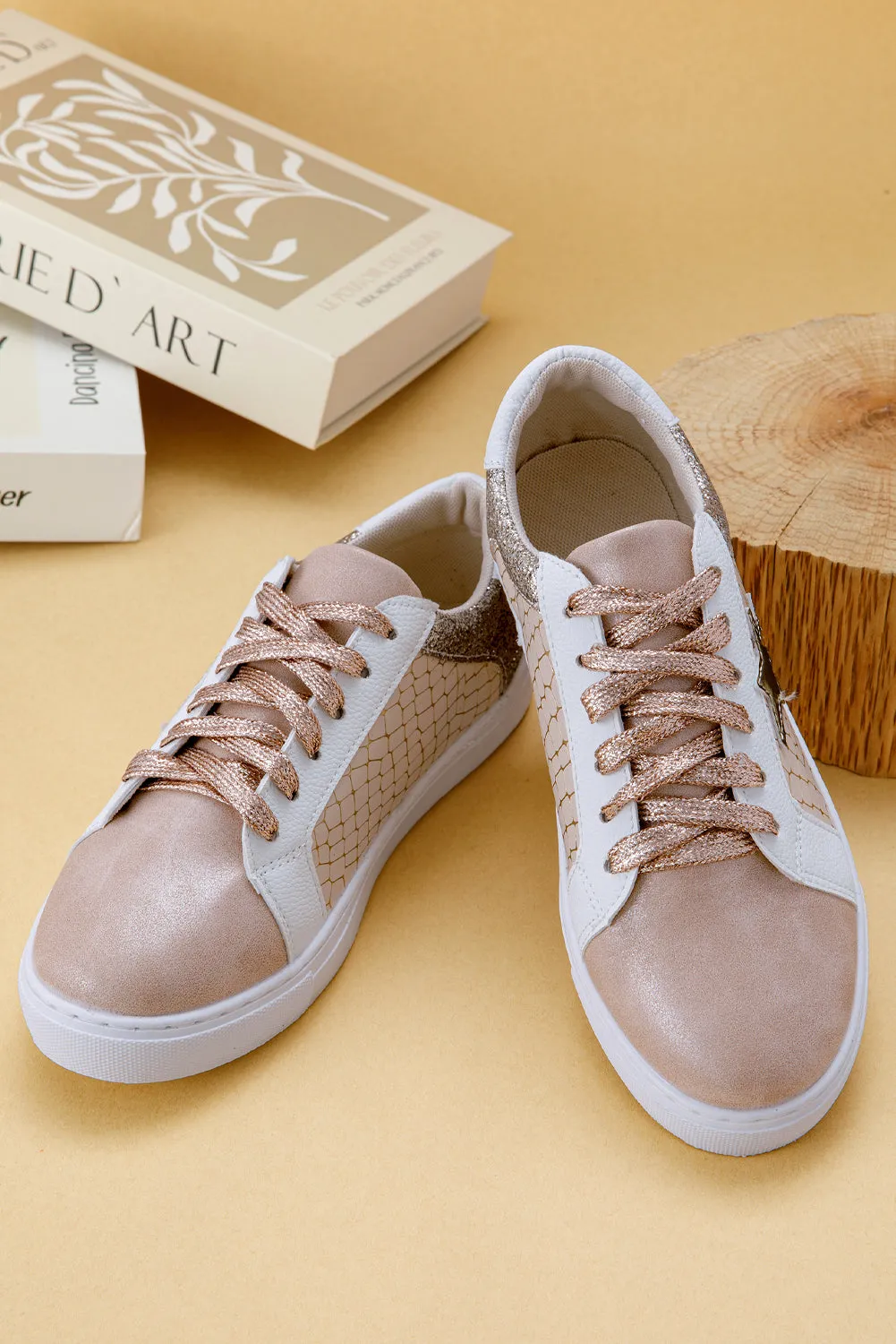 Gold Glitter Star Patchwork Leather Lace-up Sneakers