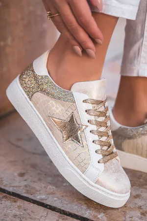 Gold Glitter Star Patchwork Leather Lace-up Sneakers